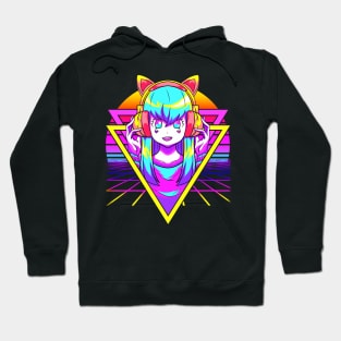 Vaporwave Anime Girl Otaku Sunset Geometric Grid Hoodie